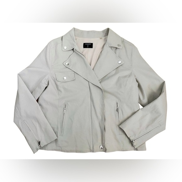 Tahari Linen Gray Moto Dual Zip Up Jacket Collard Utility Motocycle Western L - Picture 7 of 10